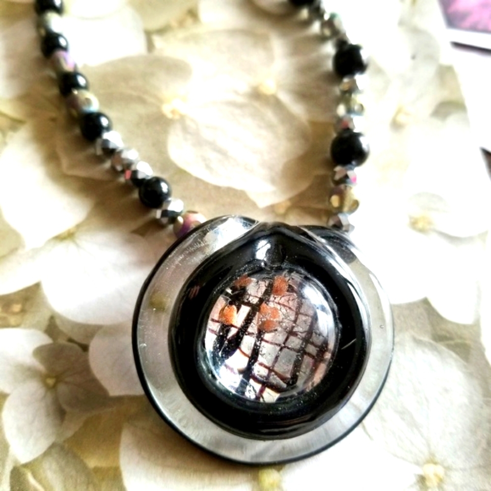 Handmade necklace black glass beaded necklace chunky